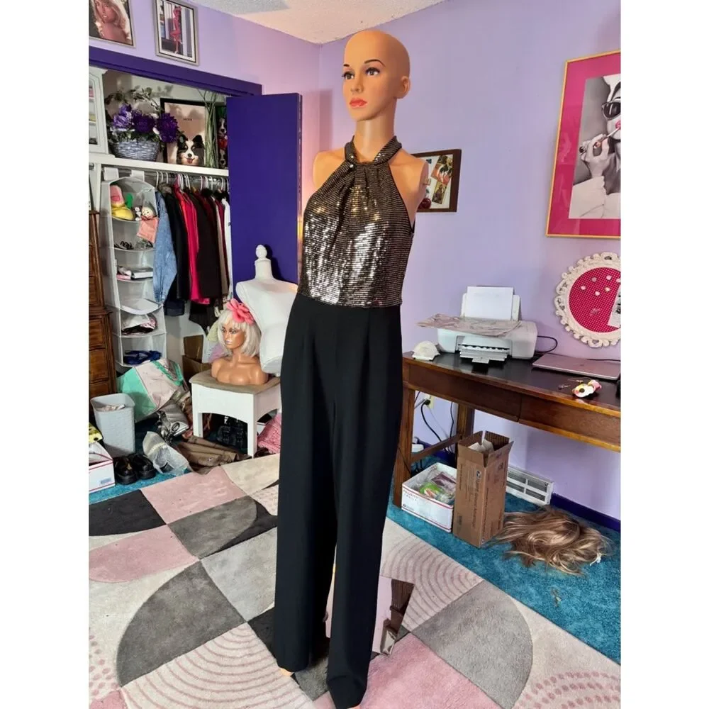 Sequin Halter Jumpsuit in Black and Bronze Gold - Picture 2 of 12